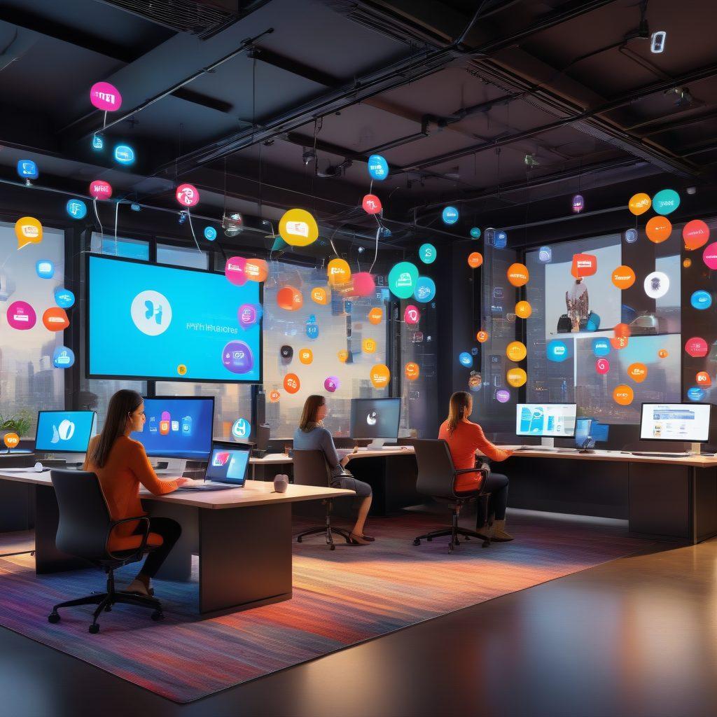 A dynamic virtual networking environment with diverse professionals engaging through video calls, chat bubbles, and social media icons. Include elements such as laptops, smartphones, and digital avatars. The setting should blend a vibrant modern office with an abstract digital space. super-realistic. vibrant colors. 3D.