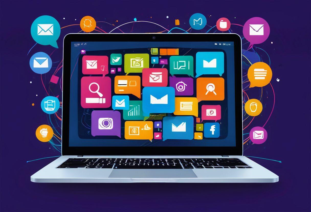 An illustration of a sleek laptop screen displaying a well-organized contact management dashboard. Surrounding the laptop are icons representing various digital communication tools like email, chat, and social media. The background features abstract shapes symbolizing connectivity. vibrant colors. modern flat design.